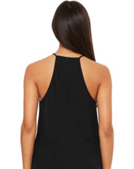 Women's High Neck Tank TopSizes small through 2X, this 4.5oz  100% combed ring spun fine USA cotton. Available in black and white.  raw serge shirttail bottom hem side seam construction